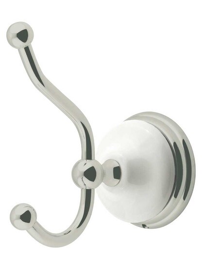 Cumberland Towel Hook with Brass and White Porcelain Rosette in Satin Nickel.
